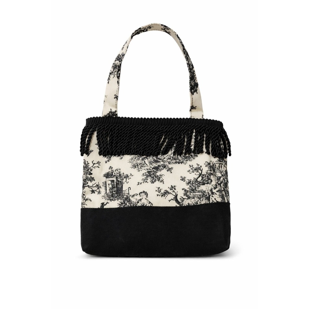 Canvas Tote Bag Black White Pastoral Print Fringe Trim Handbag